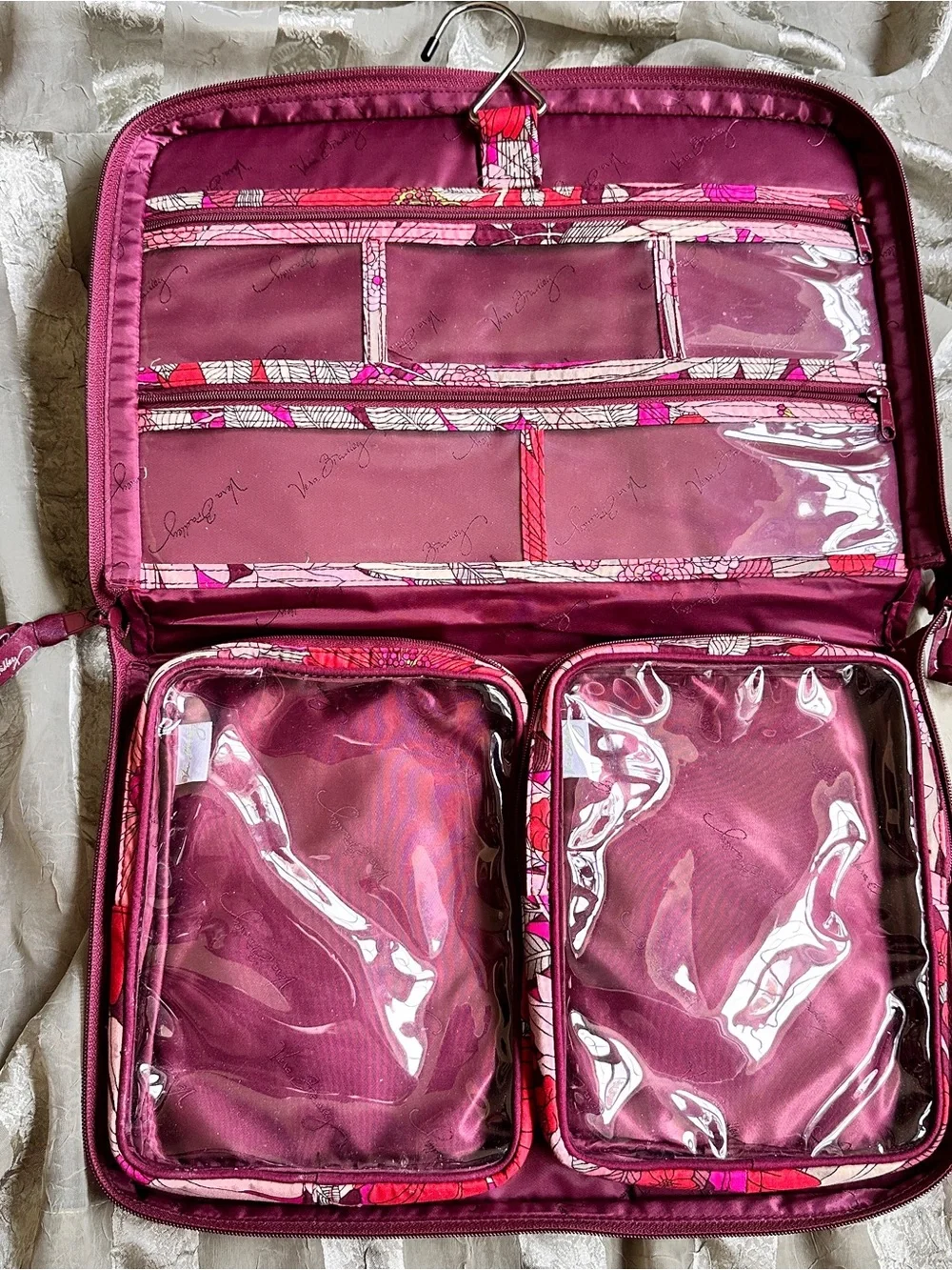 Vera Bradley Bohemian Blooms Pink and Red Floral Quilted Hanging Cosmetic Case